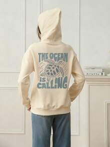 1件少女休闲印花套头卫衣，保暖内衬，长袖，秋冬季学生青少年服装 - 杏色 - 查看 2