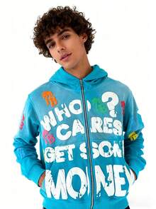 Y2K Zip Up Hoodie With Bold Who Cares Get Some Moneygraphic And Colorful Palm Logo Prints  Streetwearjacket - Màu xanh lam - Xem 3