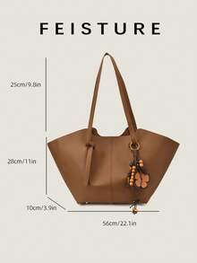 1 pieza Bolso de mano grande de unicolor FEISTURE de PU, bolso de hombro de moda con bolsillo pequeño y colgante, adecuado para salidas diarias, citas, ir al trabajo - Marrón - Ver 3