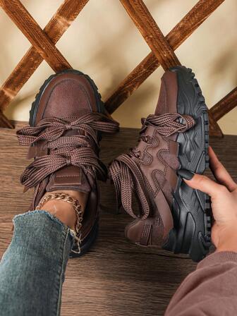 Brown Chunky Heel Casual Athletic Sneakers, Thickened Cushioned Black EVA Sole, Unisex Walking Shoes, Suitable For Commuting, Fitness, Travel, Round Toe, Low-Top, Multi-Functional, Holiday Gift, Sneakers Women