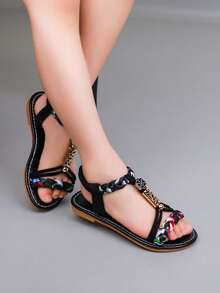 Girls' Sandals, New Summer Roman Shoes, Casual Flat Sandals, Toddler & Little Kid Soft Bottom Printed Open Toe Beach Shoes - Black - View 2