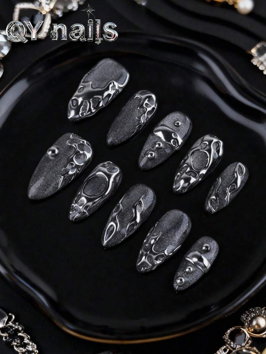 10Pcs Handmade Full Cover Press-On Nails, Almond Shaped Mid-Length Silver Grey Glamorous Style, Suitable For Daily Wear And Occasions, Fit For Women/Girls, Includes 1Pc Jelly Pad And 1Pc Nail Shaper Tool Nail Supplies Nails Handmade Press On Nails - Grey - View 1