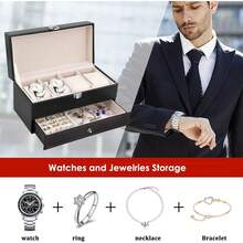 Estuche organizador de relojes, caja de reloj de doble capa cuero con 4 ranuras con ventana de vidrio real, vitrina de almacenamiento de joyas para mujeres, hombres, padre, esposo, novio - 4 casillas blancas - 2 capas - Ver 12