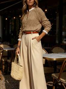 Autumn And Winter Elegant Fashion Casual Comfort Khaki Lace Decorative Metal Buttons Long Sleeve V-Neck Textured Knitted Cardigan - Khaki - View 6