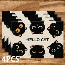 1/4/6/8 件装可爱宠物猫印花亚麻餐垫，可水洗，保护桌面，适用于室内/室外用餐，适合节日派对、厨房和餐桌装饰 - 彩色 - 查看 11