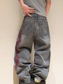 1件港式街头风3D刺绣花卉时尚百搭男士水洗宽松阔腿牛仔裤（产品不含腰带和配饰） - 灰色 - 查看 4