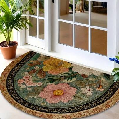 1pc Vintage Semi-Circle Floral Pattern Decorative Doormat, Entrance Mat, Small Rug, Welcome Mat, Carpet, Floor Mat, Outdoor Doormat, Kitchen Rug, Home Decor, Front Door Mat, Area Small Rug, Outdoor Mat, Home Decor, Area Rug, Garden Rug, Washable Carpet