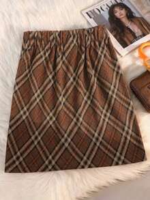 EARO 女装大码秋冬新款百搭羊毛格子复古束腰通勤时尚半身裙