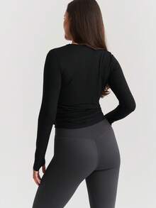 Women Ballet Wrap Top Long Sleeve Deep V Neck Cross Tie Workout Pilates Yoga Shirts Wrap Tie Crop Tops Sportswear Y2k Streetwear Slim Fitted Coquette Blouses - 黑色 - 查看 8