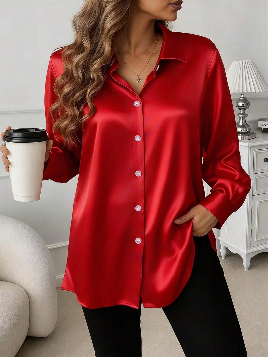 Áo sơ mi nữ cỡ lớn chất liệu satin mềm mại, kiểu dáng thường ngày, dễ phối đồ, thích hợp cho mùa xuân. - Đỏ - Xem 1