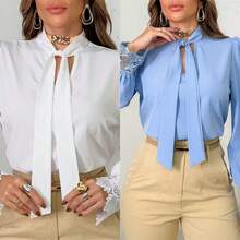 Elegant Women's Formal Blouse, V-Neck With Bow, Embroidered Lace Blouse, Cuffed Sleeve Blouse, Women's Lace Tops - 白色和藍色2件 - 查看 2