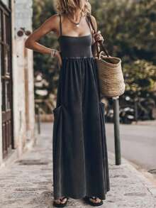 Bộ jumpsuit nữ màu trơn dáng rộng thoải mái kiểu phương Tây, dây mảnh, ống rộng, gợi cảm, phù hợp cho dạo phố hàng ngày, hẹn hò, du lịch, tiệc tùng, kỳ nghỉ hè, đi làm. Màu đen thanh lịch. - màu đen - Xem 4