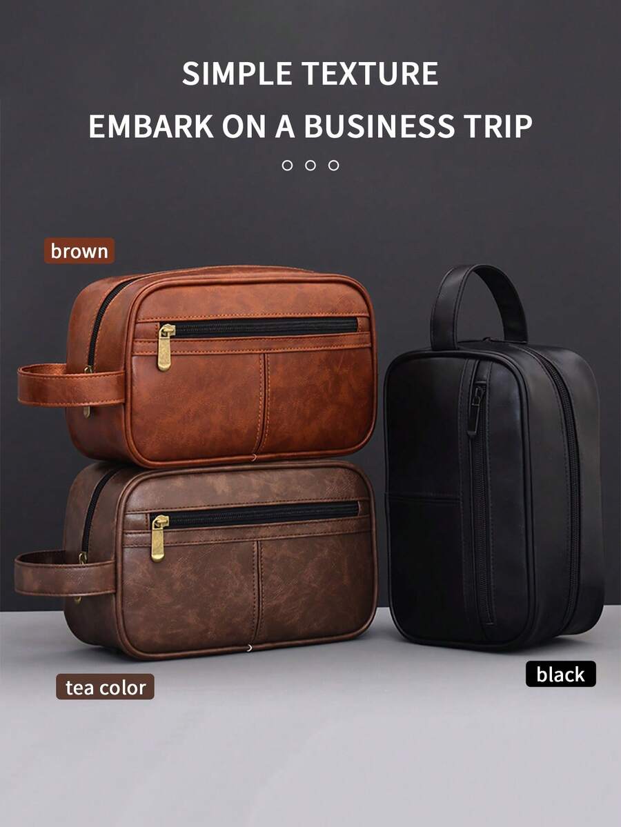 男士商务旅行便携手拿包，PU材质男士洗漱包，干湿分离，分区收纳，高品质大容量枕形包，复古收纳包，男士礼物，复古情人节礼物，情人节洗漱包