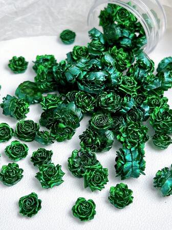 30Pcs Retro Dark Green Soft Flowers Nail Charms 3D Resin Simulated Rose Peony Camellia Suitable For Christmas Handicraft Decoration Nail Art Accessories DIY