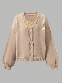 2025秋冬新款女士棕色柠檬提花开衫 - V领长袖，优雅，圣诞新年 - 彩色 - 查看 5