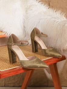 Women's French Style High Heels, New Design Thick Heel Solid Color Elegant Spring Soft Leather Pointed Toe Buckle Strap Work Commute Comfortable High Heel Pumps - Rose Gold - View 6