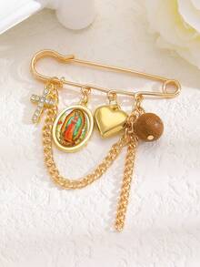 1件优雅复古基督教十字架，圣母玛利亚心形链条胸针，适合女性日常佩戴，也适合派对、节日、仪式、洗礼等场合，是送给朋友、家人、情侣的礼物，亦可作为珠宝首饰。 - 彩色 - 查看 9