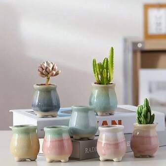 2pcs Random Style Ceramic Flower Pots, Mini Ceramic Succulent Planter Set, Sturdy Multicolor Crackle Glaze, Small Plant Container For Tabletop, Window Sill, Yard Decor, Home, Office, Dorm, Holiday Decoration, Perfect Gift For Women And Men