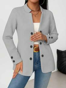 Plus Size Solid Color Mid-Length Slightly Loose Women Office Wear Daily Commute Casual Double-Breasted Blazer Jacket Spring - Grey - View 2