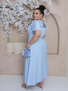 Women's Plus Size Midi Dress With Lined Square Neckline, Short Sleeves, Shoulder Tie, Padded Cups And Elastic Back In Duna Linen - Elegant Fashion Party Dress - 淺藍色 - 查看 5
