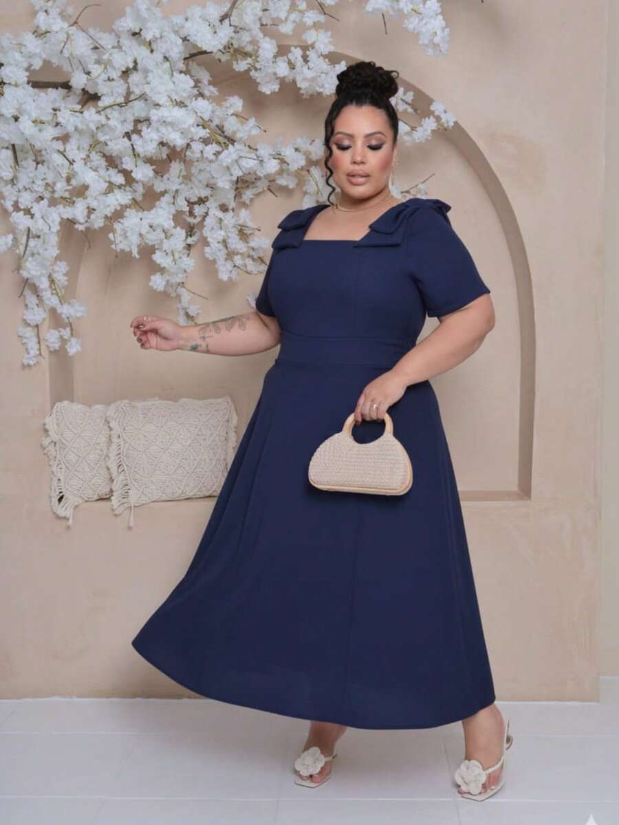 Women's Plus Size Midi Dress With Lined Square Neckline, Short Sleeves, Shoulder Tie, Padded Cups And Elastic Back In Duna Linen - Elegant Fashion Party Dress - 藏蓝色 - 查看 1