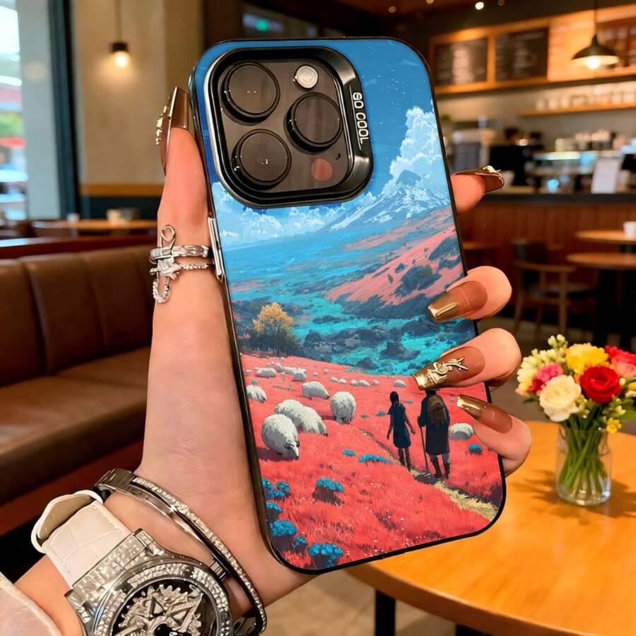 Cubierta de teléfono con diseño de paisaje anime azul con flores rojas y montañas para iPhone 14 Pro Max funda protectora para uso diario en cafeterías y viajes - Blanco - Ver 1