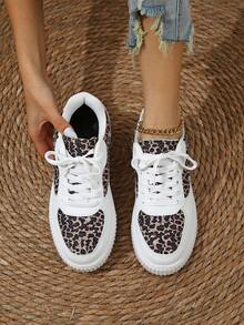 Trending Partial Leopard Print White Sneakers, Sweet & Cool Casual Everyday Versatile Women's Sneakers - White Leopard Print - View 12