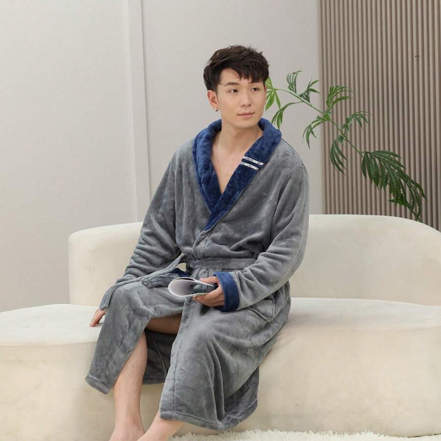1 pezzo Accappatoio unisex per coppia e studenti, in flanella morbida e calda, casual da casa, con patchwork bicolore, colore unito, carino, con collo a revers, accappatoio da bagno, accappatoio da mattina, accappatoio lungo, abbigliamento da relax, per bagno, nuoto, viaggio, uso personale, regalo - Multicolore - Visualizzare 1