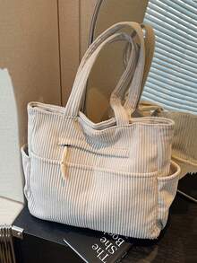 Large Capacity Fashion Shoulder Tote Bag, Soft Corduroy Fabric, With Side Pockets & Multiple Compartments, Zipper Closure, Suitable For Short Trips, Commuting, Daily Use Laptop Bag Beach Weekend Bag Bag For School College Beach Bag