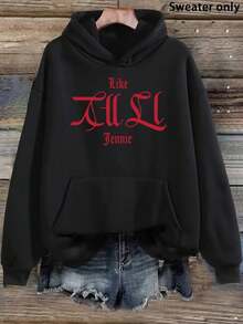 Women's White Hoodie With 'Like TIL Jennie' K-Drama Print - Korean Pop Culture Inspired Sweatshirt, Jennie Fan Merch, Casual Long Sleeve Pullover With Pocket, Machine Washable Korean Fashion ApparelWomen's Holiday Shopping Daily Wear Pullover Hoodie,Women's Retro Holiday Quote Graphic Hoodie - 黑色 - 查看 1