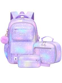 3件套大容量女童背包，带午餐袋、口袋和铅笔盒，渐变色印花书包。可容纳15.6英寸笔记本电脑，多功能口袋。适合户外旅行、返校、郊游和日常使用。