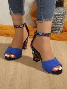 Women's Chunky Heel Sandals Open Toe Casual Shoes, Ditsy Floral Peep Toe High Heels, Versatile For Dresses And Parties, Plus Size - Blue - View 6