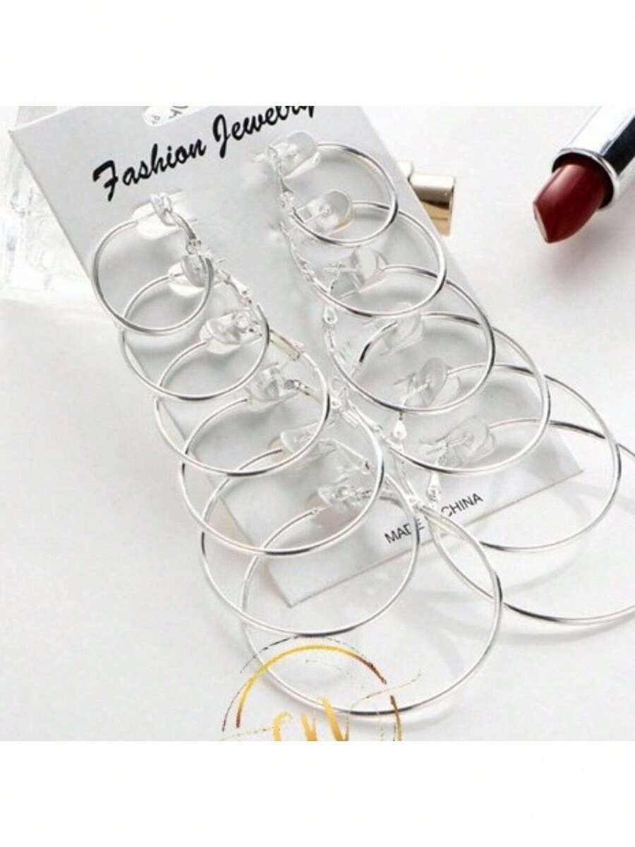 Z.W BIJUX - 6 Pairs Of Round, Oversized Black Earrings In A Rock Style. - 銀色 - 查看 1