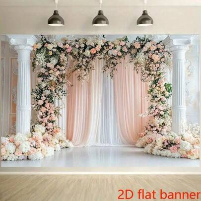 2D平面横幅，浪漫花卉婚礼背景，优雅的白色立柱和粉白相间的花朵，柔和的蜜桃色窗帘，涤纶材质，无需用电