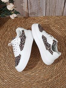 Trending Partial Leopard Print White Sneakers, Sweet & Cool Casual Everyday Versatile Women's Sneakers - White Leopard Print - View 4