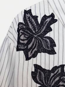 女士时尚休闲条纹黑白刺绣衬衫，翻领，带口袋，纽扣前襟，优雅通勤装，春夏新款