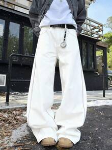 1件 Justice Brother 休闲宽松阔腿牛仔裤，拼接撞色复古水洗牛仔裤（不含腰带和配饰） - 白色 - 查看 5