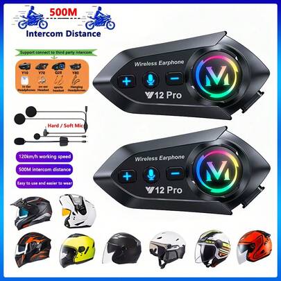 Y12 Pro 摩托车头盔对讲耳机，蓝牙 5.4 无线对讲，RGB 灯光，IPX6 防水，内置对讲指示灯，支持跨品牌对讲，对讲距离最远可达 500 米，兼容半盔和全盔，1000mAh 电池容量，支持同时进行对讲和音乐共享，支持 AI 语音助手，可同时连接两部手机。
