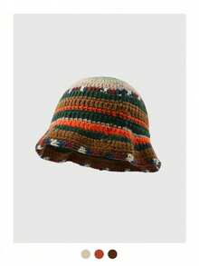 1pc Autumn/Winter Maillard Color Bow Contrast Striped Polka Dot Handmade Crochet Knitted Hat, Thick All Season Versatile Rainbow Striped Knit Bucket Hat For Women, - Coffee Brown - View 2