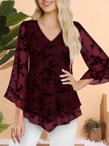 CheersLife Plus Size Women Elegant Blouse, V-Neck Double-Layer Elastic Mesh Casual Flowy Work Shirt With Ruffle Trim & 3/4 Bell Sleeve, Belted Waist Top Spring - Burgundy - View 2