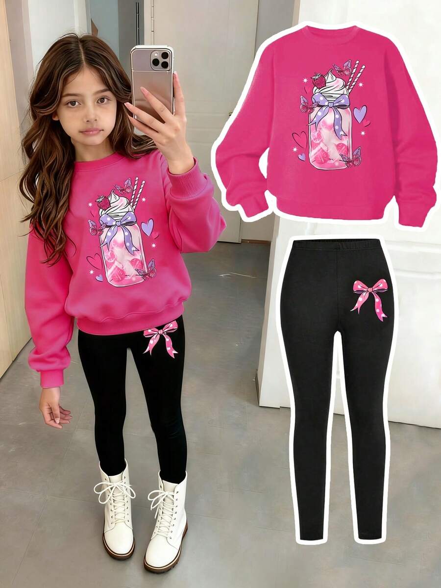 Bộ áo len cổ tròn ấm áp và quần legging in họa tiết hoạt hình cho bé gái tuổi mới lớn - Màu Hồng Tươi - Xem 1