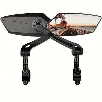 A Pair Of 2 High-Definition Bicycle Rearview Mirrors With 360° Adjustable Rotation - Made Of Durable ABS Material, Suitable For Scooters And Bicycle Reflectors, Featuring Black Rectangular Handle Reflectors For Clear Rear Visibility.