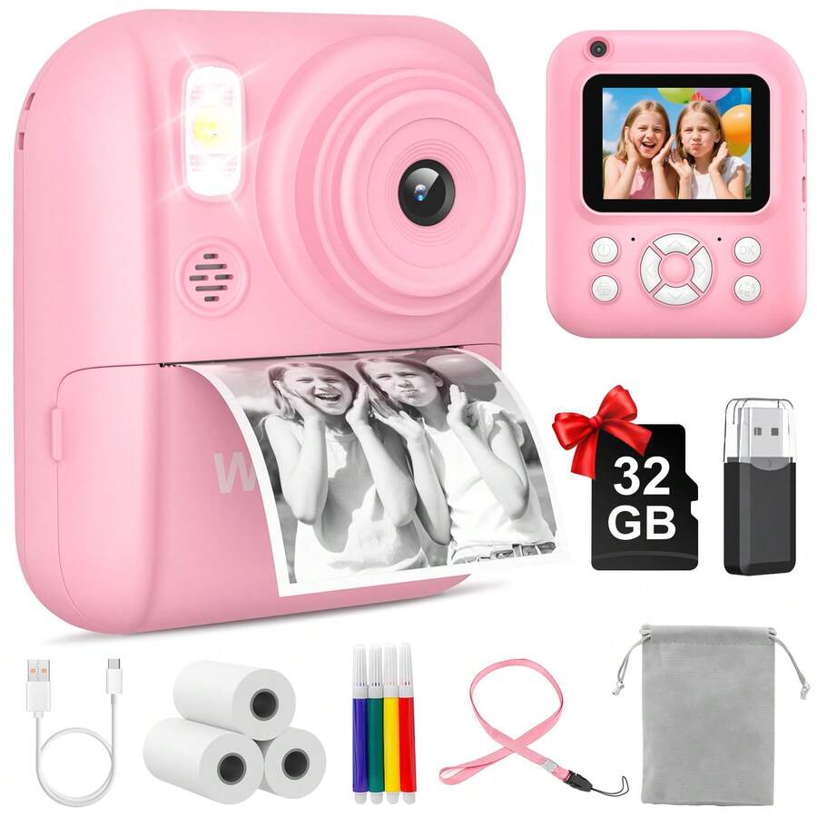 W&O Kids Camera Instant Print,Instant Camera For Kids,2.5K UHD Digital Camera With 2.6" LCD, Dual Camera,16X Zoom, Games, 32G SD Card,Birthday Gifts For 3-10 Year Old Girls Boys(Pink) - 粉色 - 查看 1