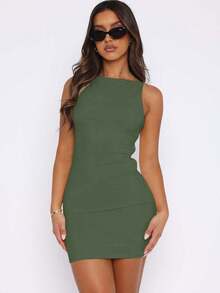 无袖纯色极简性感修身迷你连衣裙，性感魅力，女士轻盈夏季半身裙，适合海滩度假派对俱乐部街头约会、圣诞节新年等场合。 - 橄欖綠 - 查看 5