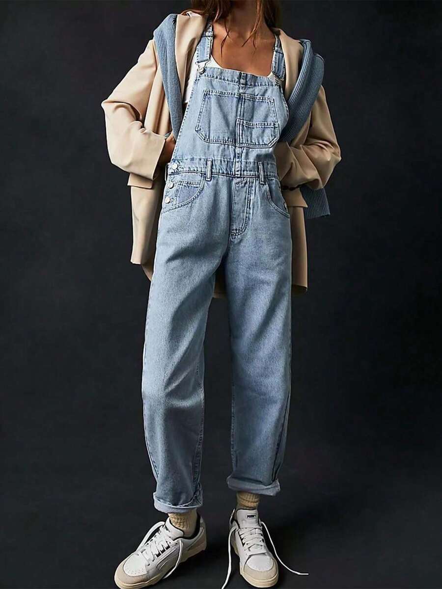 Casual Women's Denim Overalls, Long Sleeveless Jumpsuit With Shoulder Straps, Practical Pockets, Zipper And Buttons, Suitable For Parties Or Everyday Wear. - 淺藍色 - 查看 1