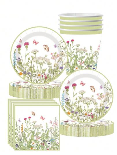 10pcs Flower Spring Summer Flower Theme Party Party Tableware Sets Paper Plates Paper Cups Paper Party Picnic Birthday Party Theme Party Wildflower Dinner Plates