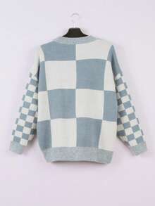 大码休闲格子图案套头毛衣 - 天藍色 - 查看 4