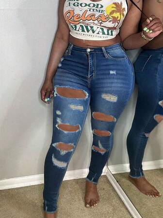大码高腰弹力深蓝色破洞紧身牛仔裤