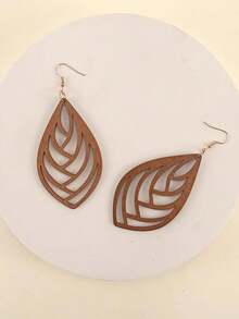 1 Pair Hollow Geometric Teardrop Bamboo Dangle Earrings For Women, Casual & Unique - Brown - View 8