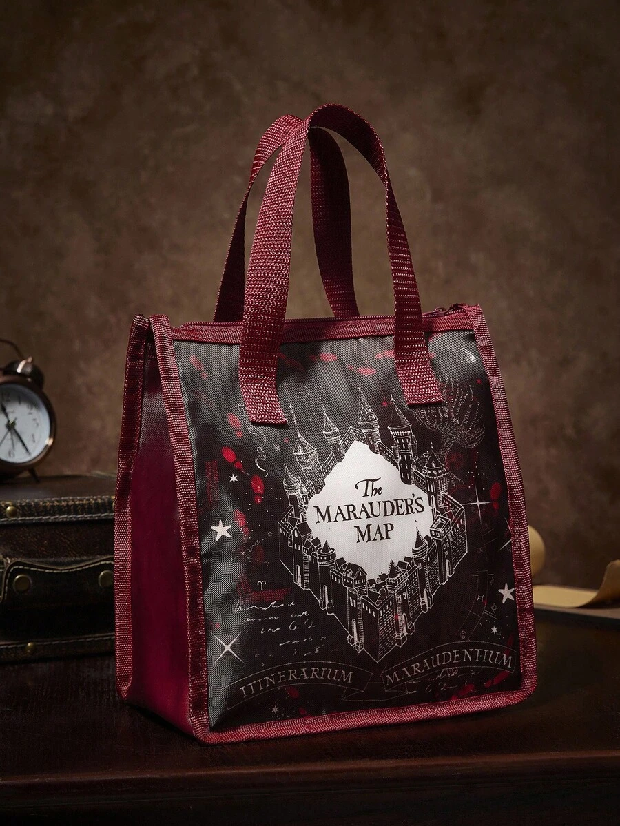 HARRY POTTER X SHEIN 1个印有活点地图图案的保温午餐包，可保温或保冷，大容量野餐包，可装午餐盒和饮料，适合野餐、露营、旅行、居家使用、家庭、学生、魔术表演、圣诞节、送礼等场合。 - 棕色 - 查看 1
